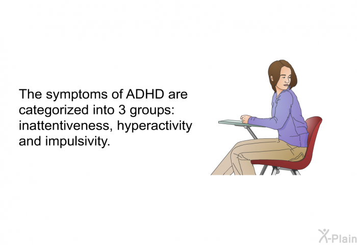 The symptoms of ADHD are categorized into 3 groups: inattentiveness, hyperactivity and impulsivity.