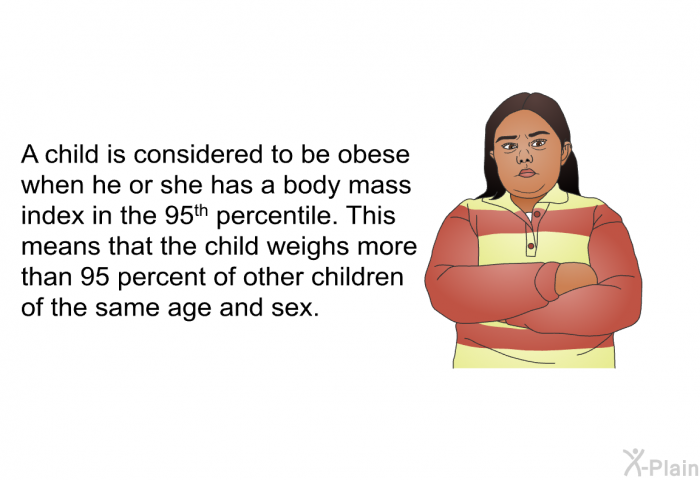 A child is considered to be obese when he or she has a body mass index in the 95<SUP>th</SUP> percentile. This means that the child weighs more than 95 percent of other children of the same age and sex.