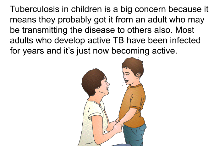 Tuberculosis in children is a big concern because it means they probably got it from an adult who may be transmitting the disease to others also. Most adults who develop active TB have been infected for years and it's just now becoming active.