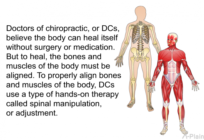 Doctors of chiropractic, or DCs, believe the body can heal itself without surgery or medication. But to heal, the bones and muscles of the body must be aligned. To properly align bones and muscles of the body, DCs use a type of hands-on therapy called spinal manipulation, or adjustment.