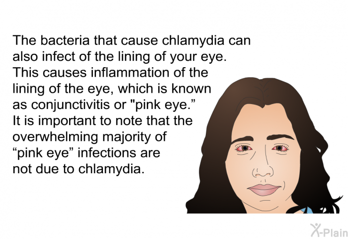 The bacteria that cause chlamydia can also infect of the lining of your eye. This causes inflammation of the lining of the eye, which is known as conjunctivitis or "pink eye.” It is important to note that the overwhelming majority of “pink eye” infections are not due to chlamydia.