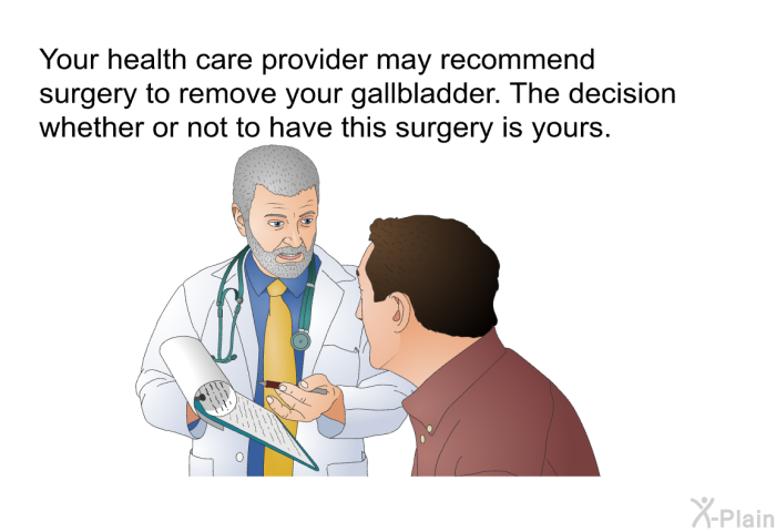 Your health care provider may recommend surgery to remove your gallbladder. The decision whether or not to have this surgery is yours.