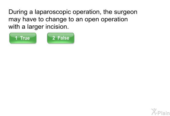 During a laparoscopic operation, the surgeon may have to change to an open operation with a larger incision.