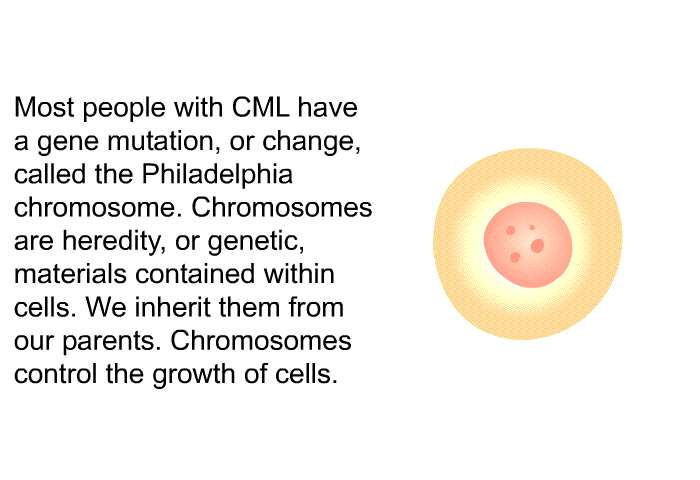 Most people with CML have a gene mutation, or change, called the Philadelphia chromosome. Chromosomes are heredity, or genetic, materials contained within cells. We inherit them from our parents. Chromosomes control the growth of cells.