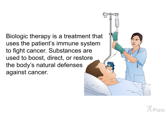 Biologic therapy is a treatment that uses the patient's immune system to fight cancer. Substances are used to boost, direct, or restore the body's natural defenses against cancer.