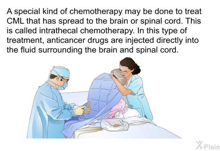 A special kind of chemotherapy may be done to treat CML that has spread to the brain or spinal cord. This is called intrathecal chemotherapy. In this type of treatment, anticancer drugs are injected directly into the fluid surrounding the brain and spinal cord.