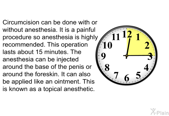 Circumcision can be done with or without anesthesia. It is a painful procedure so anesthesia is highly recommended. This operation lasts about 15 minutes. The anesthesia can be injected around the base of the penis or around the foreskin. It can also be applied like an ointment. This is known as a topical anesthetic.