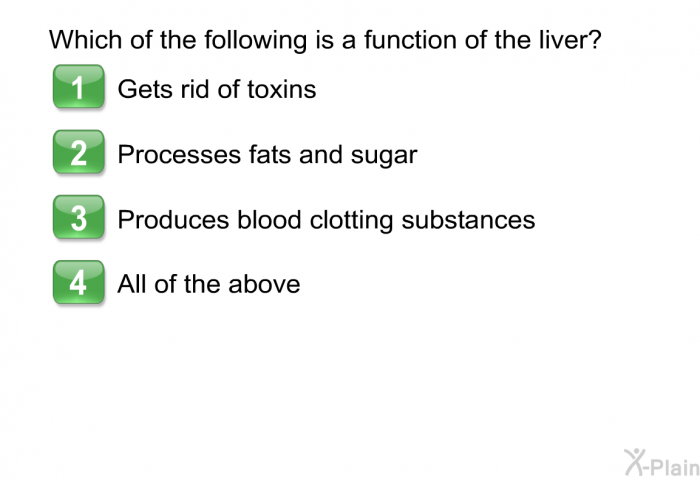 Which of the following is a function of the liver?  Gets rid of toxins Processes fats and sugar Produces blood clotting substances All of the above