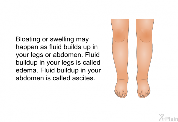 Bloating or swelling may happen as fluid builds up in your legs or abdomen. Fluid buildup in your legs is called edema. Fluid buildup in your abdomen is called ascites.