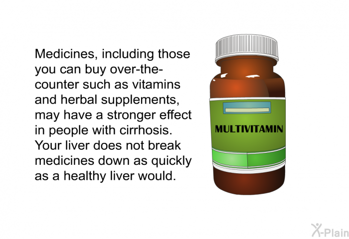 Medicines, including those you can buy over-the-counter such as vitamins and herbal supplements, may have a stronger effect in people with cirrhosis. Your liver does not break medicines down as quickly as a healthy liver would.
