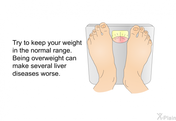 Try to keep your weight in the normal range. Being overweight can make several liver diseases worse.