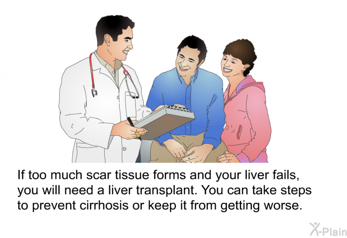 If too much scar tissue forms and your liver fails, you will need a liver transplant. You can take steps to prevent cirrhosis or keep it from getting worse.