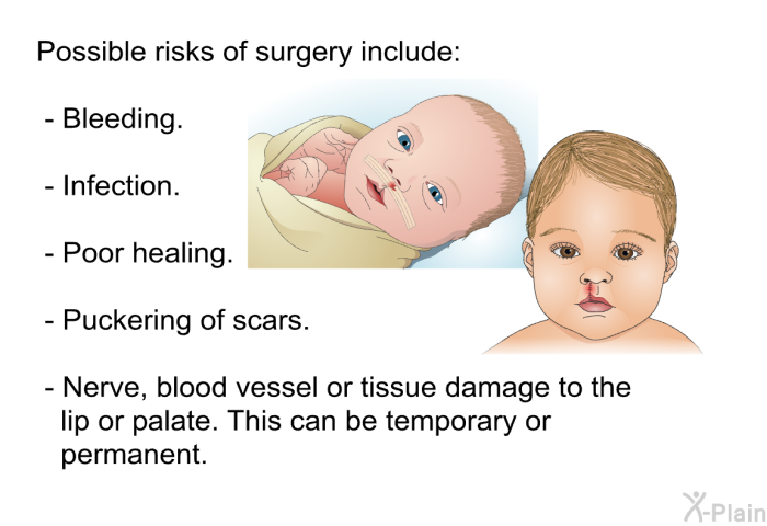 Possible risks of surgery include:  Bleeding. Infection. Poor healing. Puckering of scars. Nerve, blood vessel or tissue damage to the lip or palate. This can be temporary or permanent.