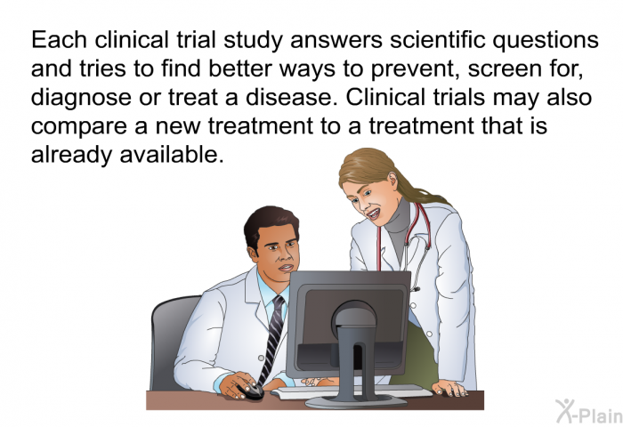 Each clinical trial study answers scientific questions and tries to find better ways to prevent, screen for, diagnose or treat a disease. Clinical trials may also compare a new treatment to a treatment that is already available.