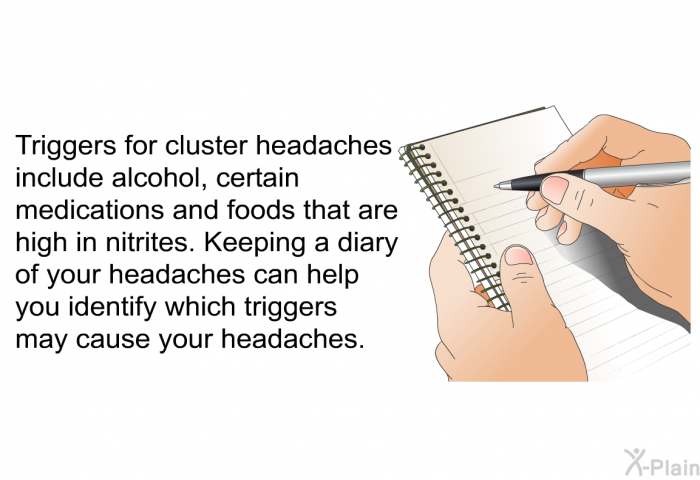 Triggers for cluster headaches include alcohol, certain medications and foods that are high in nitrites. Keeping a diary of your headaches can help you identify which triggers may cause your headaches.