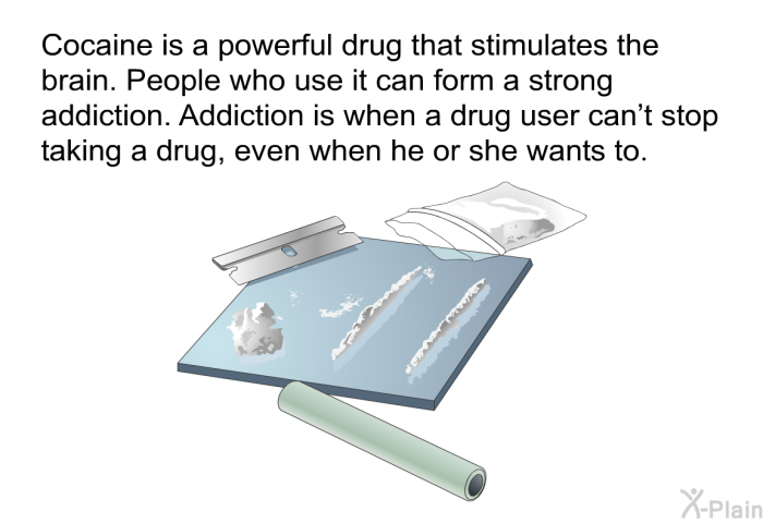 Cocaine is a powerful drug that stimulates the brain. People who use it can form a strong addiction. Addiction is when a drug user can't stop taking a drug, even when he or she wants to.