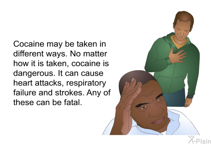 Cocaine may be taken in different ways. No matter how it is taken, cocaine is dangerous. It can cause heart attacks, respiratory failure and strokes. Any of these can be fatal.