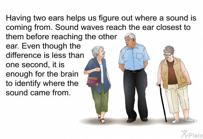 Having two ears helps us figure out where a sound is coming from. Sound waves reach the ear closest to them before reaching the other ear. Even though the difference is less than one second, it is enough for the brain to identify where the sound came from.