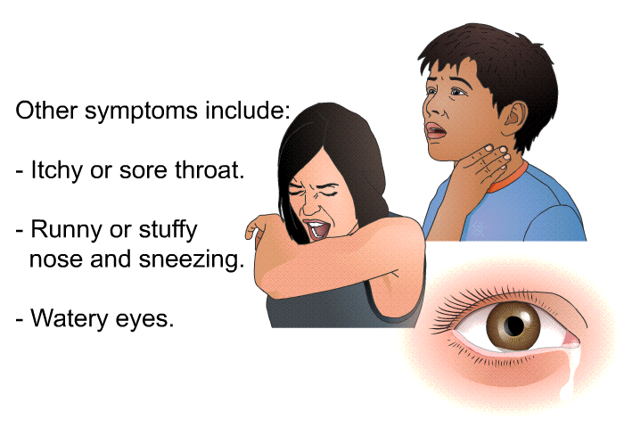 Other symptoms include:  Itchy or sore throat. Runny or stuffy nose and sneezing. Watery eyes.