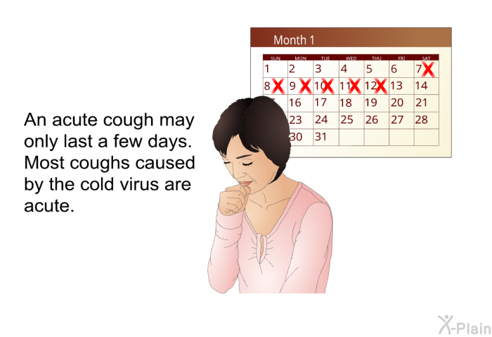 An acute cough may only last a few days. Most coughs caused by the cold virus are acute.