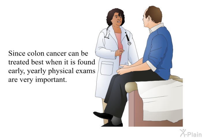 Since colon cancer can be treated best when it is found early, yearly physical exams are very important.