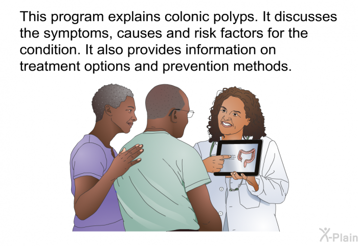 This health information explains colonic polyps. It discusses the symptoms, causes and risk factors for the condition. It also provides information on treatment options and prevention methods.