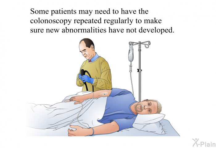 Some patients may need to have the colonoscopy repeated regularly to make sure new abnormalities have not developed.