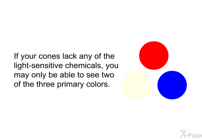 If your cones lack any of the light-sensitive chemicals, you may only be able to see two of the three primary colors.