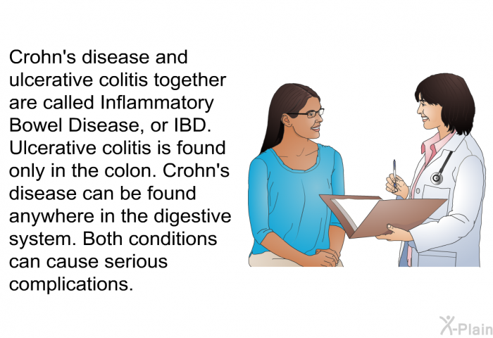 Crohn's disease and ulcerative colitis together are called Inflammatory Bowel Disease, or IBD. Ulcerative colitis is found only in the colon. Crohn's disease can be found anywhere in the digestive system. Both conditions can cause serious complications.