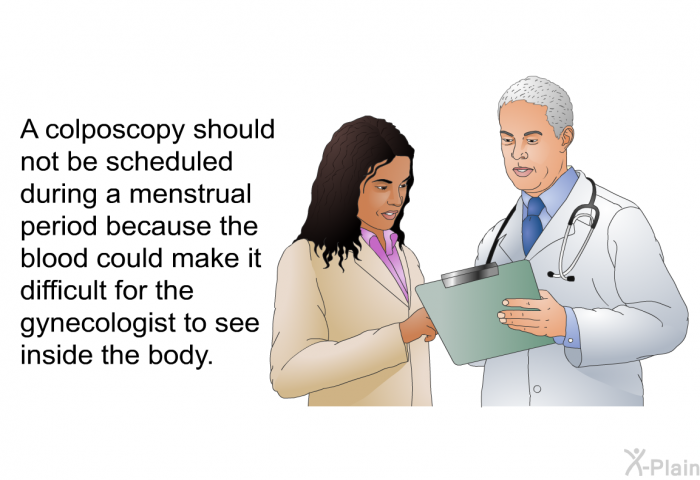 A colposcopy should not be scheduled during a menstrual period because the blood could make it difficult for the gynecologist to see inside the body.