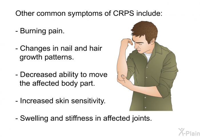 Other common symptoms of CRPS include:  Burning pain. Changes in nail and hair growth patterns. Decreased ability to move the affected body part. Increased skin sensitivity. Swelling and stiffness in affected joints.