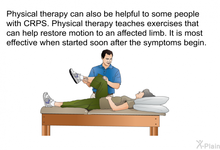 Physical therapy can also be helpful to some people with CRPS. Physical therapy teaches exercises that can help restore motion to an affected limb. It is most effective when started soon after the symptoms begin.