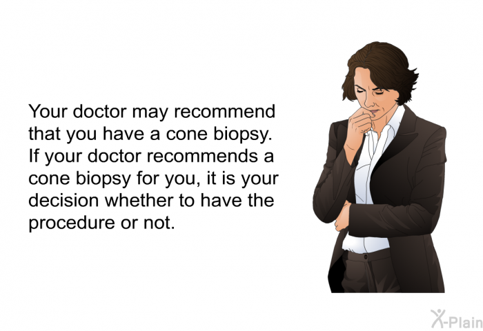 Your doctor may recommend that you have a cone biopsy. If your doctor recommends a cone biopsy for you, it is your decision whether to have the procedure or not.