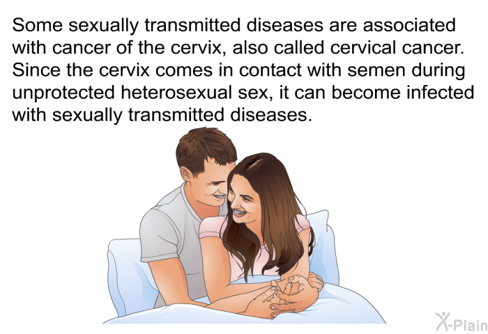 Some sexually transmitted diseases are associated with cancer of the cervix, also called cervical cancer. Since the cervix comes in contact with semen during unprotected heterosexual sex, it can become infected with sexually transmitted diseases.