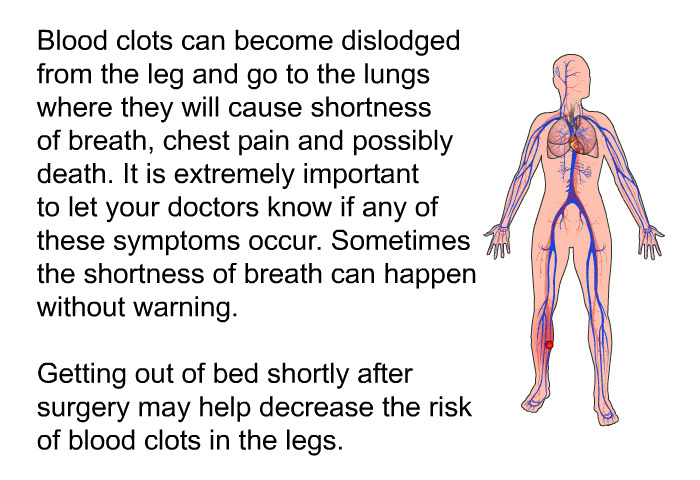 Blood clots can become dislodged from the leg and go to the lungs where they will cause shortness of breath, chest pain and possibly death. It is extremely important to let your doctors know if any of these symptoms occur. Sometimes the shortness of breath can happen without warning. Getting out of bed shortly after surgery may help decrease the risk of blood clots in the legs.