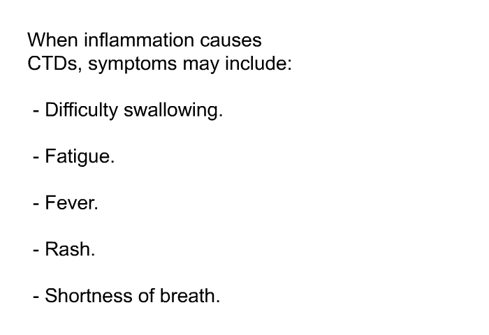 When inflammation causes CTDs, symptoms may include:  Difficulty swallowing. Fatigue. Fever. Rash. Shortness of breath.