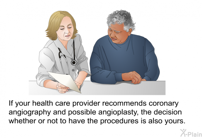 If your health care provider recommends coronary angiography and possible angioplasty, the decision whether or not to have the procedures is also yours.