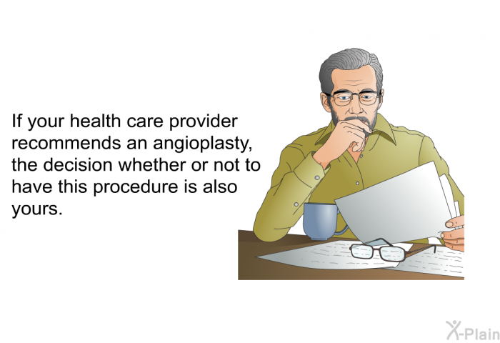 If your health care provider recommends an angioplasty, the decision whether or not to have this procedure is also yours.
