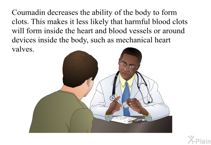 Coumadin decreases the ability of the body to form clots. This makes it less likely that harmful blood clots will form inside the heart and blood vessels or around devices inside the body, such as mechanical heart valves.