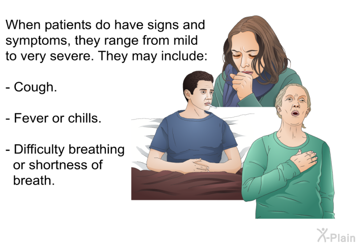When patients do have signs and symptoms, they range from mild to very severe. They may include:  Cough. Fever or chills. Difficulty breathing or shortness of breath.