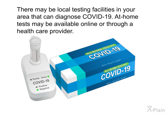 There may be local testing facilities in your area that can diagnose COVID-19. At-home tests may be available online or through a health care provider.