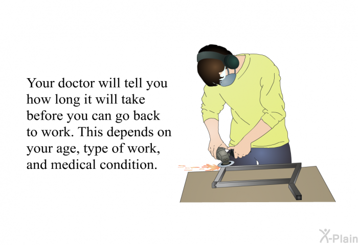 Your doctor will tell you how long it will take before you can go back to work. This depends on your age, type of work, and medical condition.