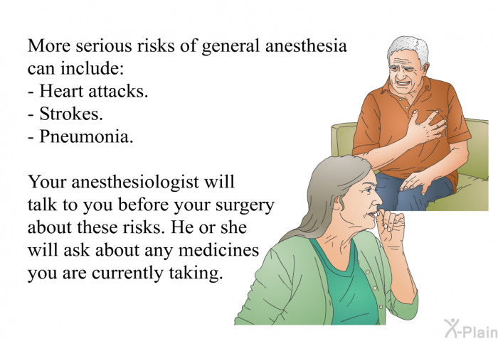 More serious risks of general anesthesia can include:  Heart attacks. Strokes. Pneumonia.  
 Your anesthesiologist will talk to you before your surgery about these risks. He or she will ask about any medicines you are currently taking.