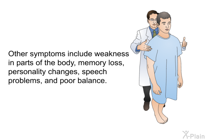 Other symptoms include weakness in parts of the body, memory loss, personality changes, speech problems, and poor balance.