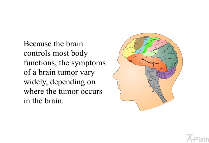 Because the brain controls most body functions, the symptoms of a brain tumor vary widely, depending on where the tumor occurs in the brain.