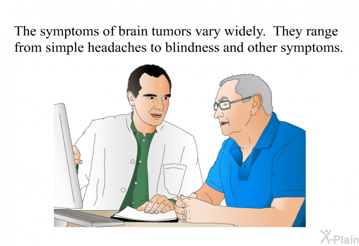 The symptoms of brain tumors vary widely. They range from simple headaches to blindness and other symptoms.