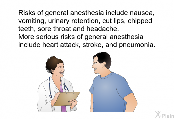 Risks of general anesthesia include nausea, vomiting, urinary retention, cut lips, chipped teeth, sore throat and headache. More serious risks of general anesthesia include heart attack, stroke, and pneumonia.