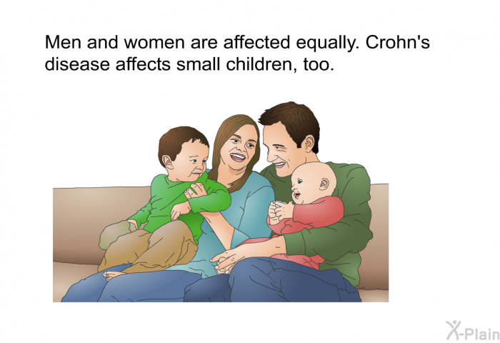 Men and women are affected equally. Crohn's disease affects small children, too.
