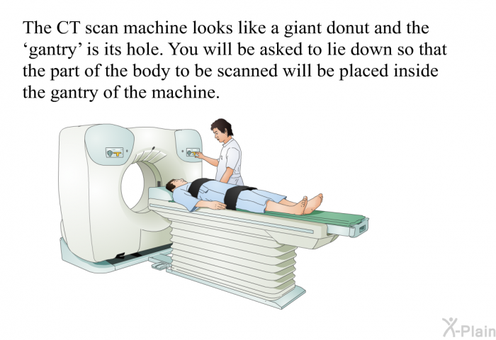 The CT scan machine looks like a giant donut and the  gantry' is its hole. You will be asked to lie down so that the part of the body to be scanned will be placed inside the gantry of the machine.