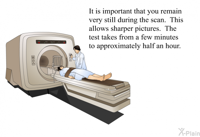 It is important that you remain very still during the scan. This allows sharper pictures. The test takes from a few minutes to approximately half an hour.